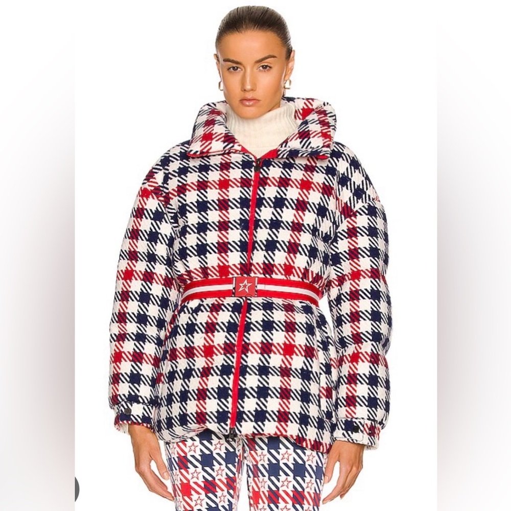 Perfect Moment Checker Plaid Red Blue Ski Down Jacket Medium